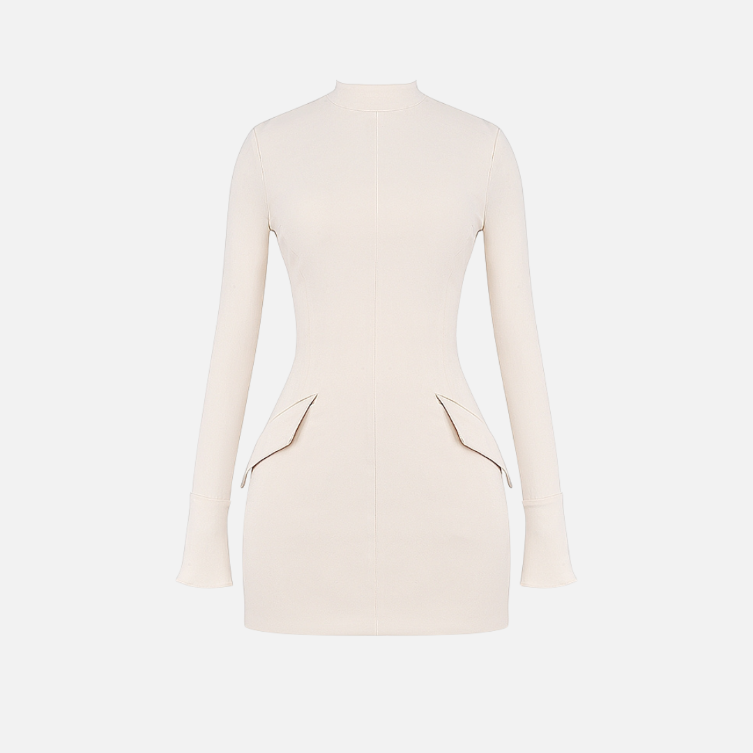 Vestido Curto Off-White de Festa com Gola Alta e Manga Longa Estruturada. – Liora