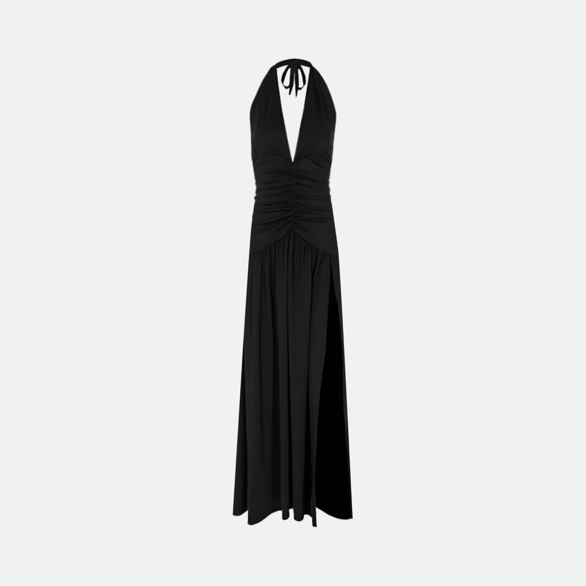 Vestido Longo Preto de Festa com Decote Halter Profundo e Fenda Lateral – Alanira