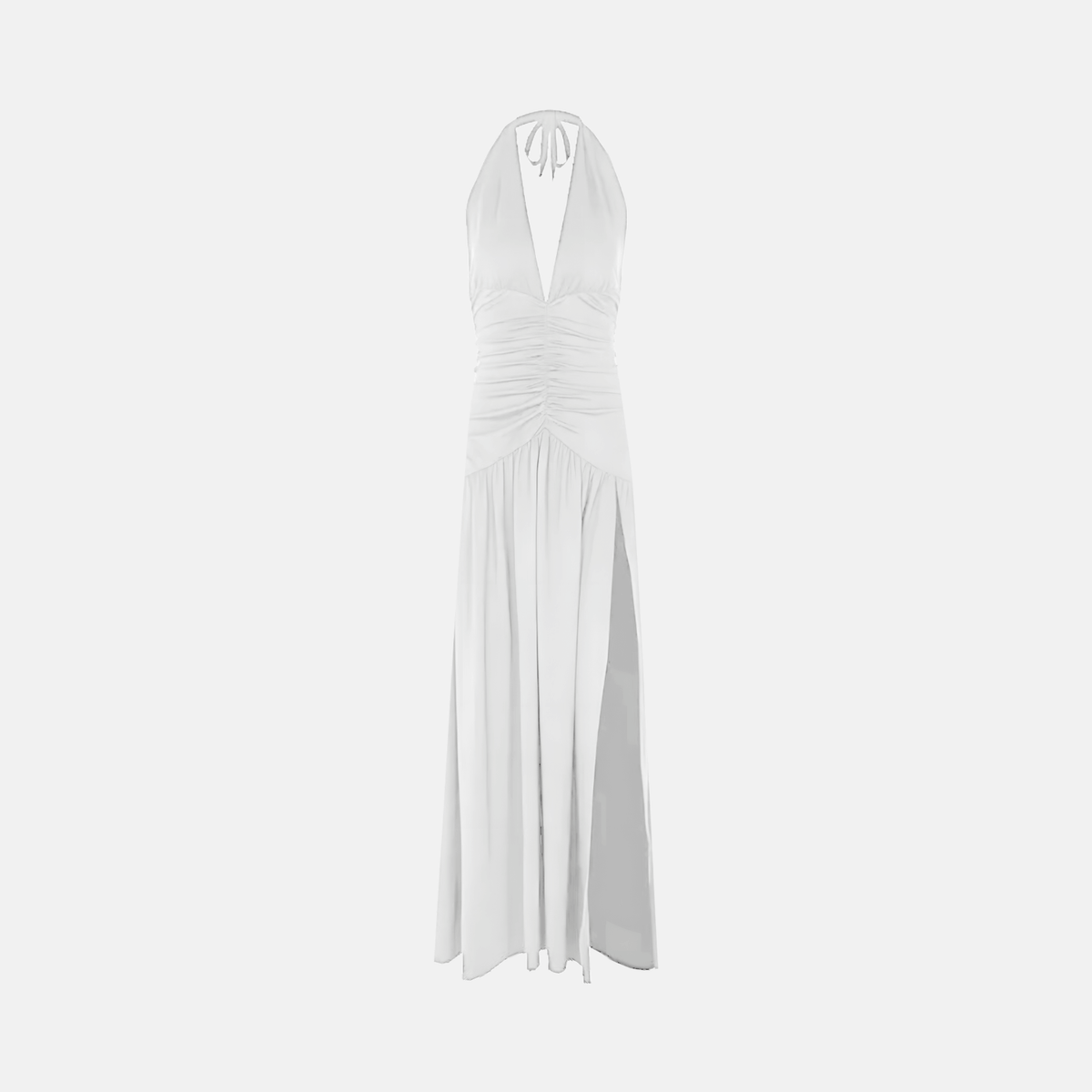 Vestido Longo Preto de Festa com Decote Halter Profundo e Fenda Lateral – Alanira