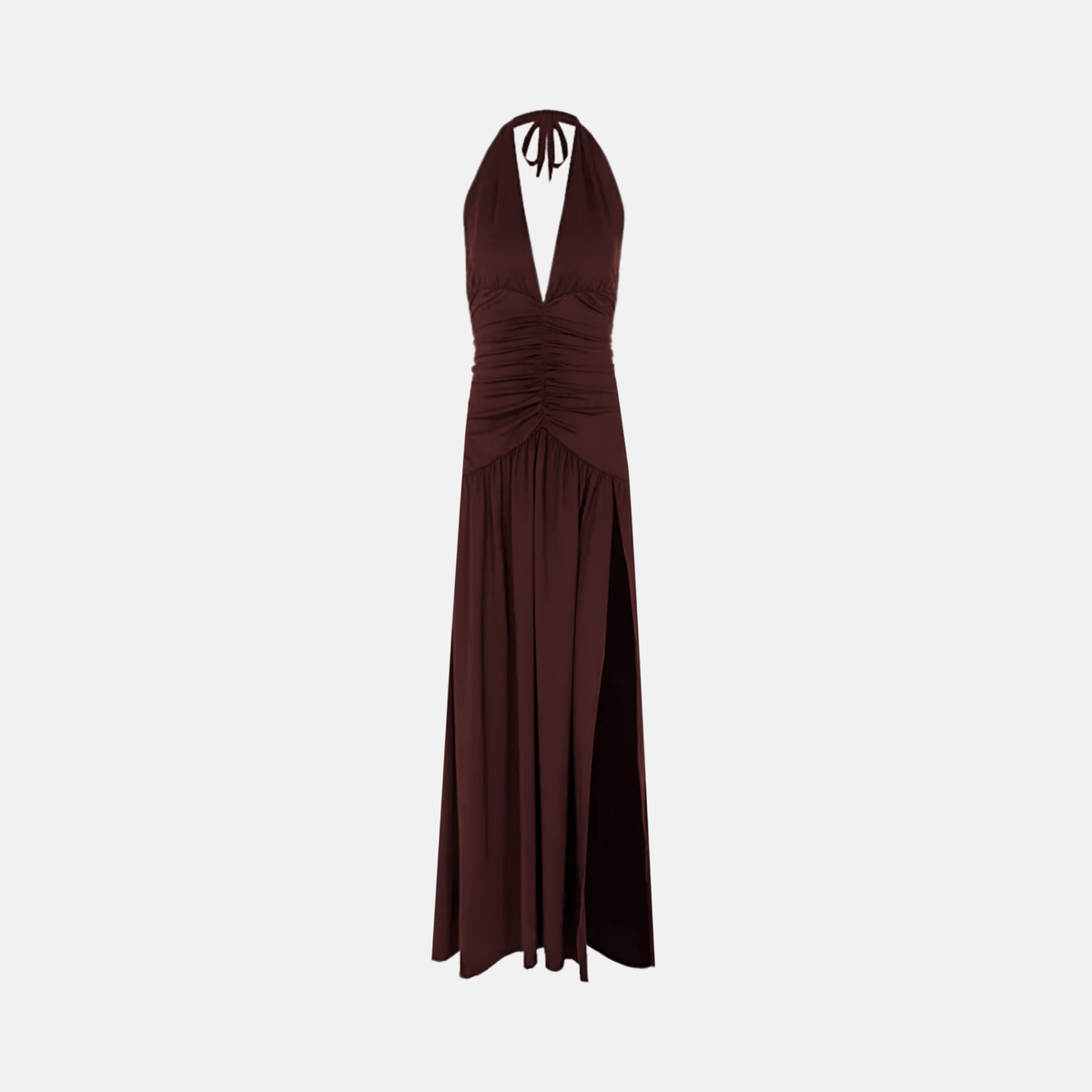 Vestido Longo Preto de Festa com Decote Halter Profundo e Fenda Lateral – Alanira