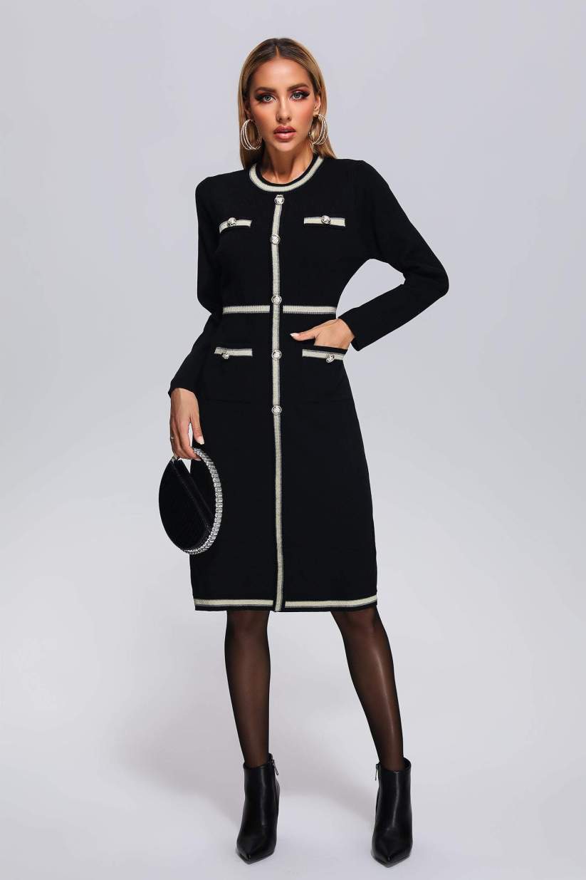 Vestido Midi de Tricô Estruturado com Botões e Recortes Bicolor – Oranara