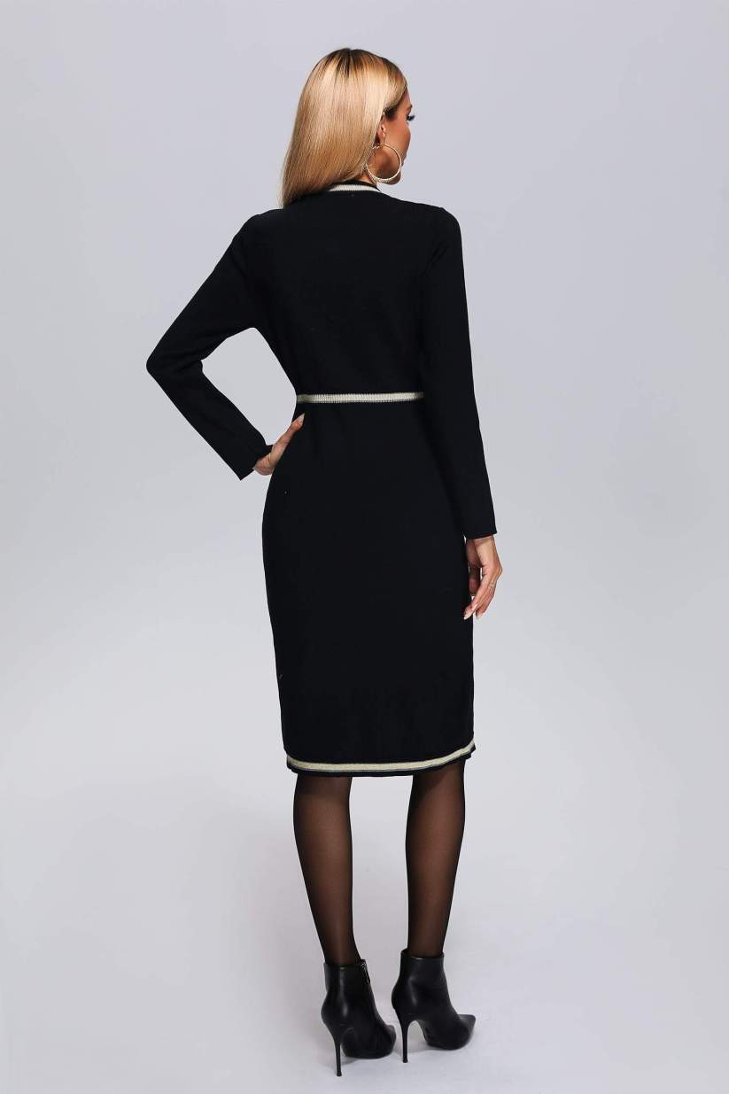 Vestido Midi de Tricô Estruturado com Botões e Recortes Bicolor – Oranara