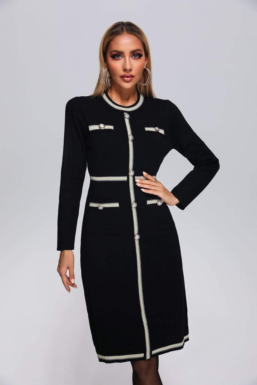 Vestido Midi de Tricô Estruturado com Botões e Recortes Bicolor – Oranara