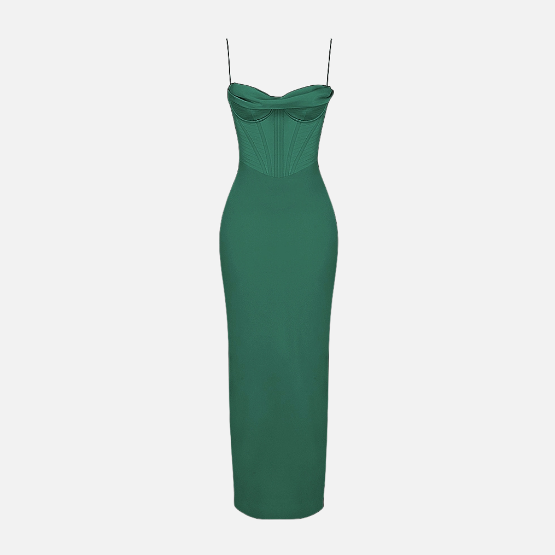 Vestido Longo de Festa com Corset Estruturado e Alças Finas – Liarina