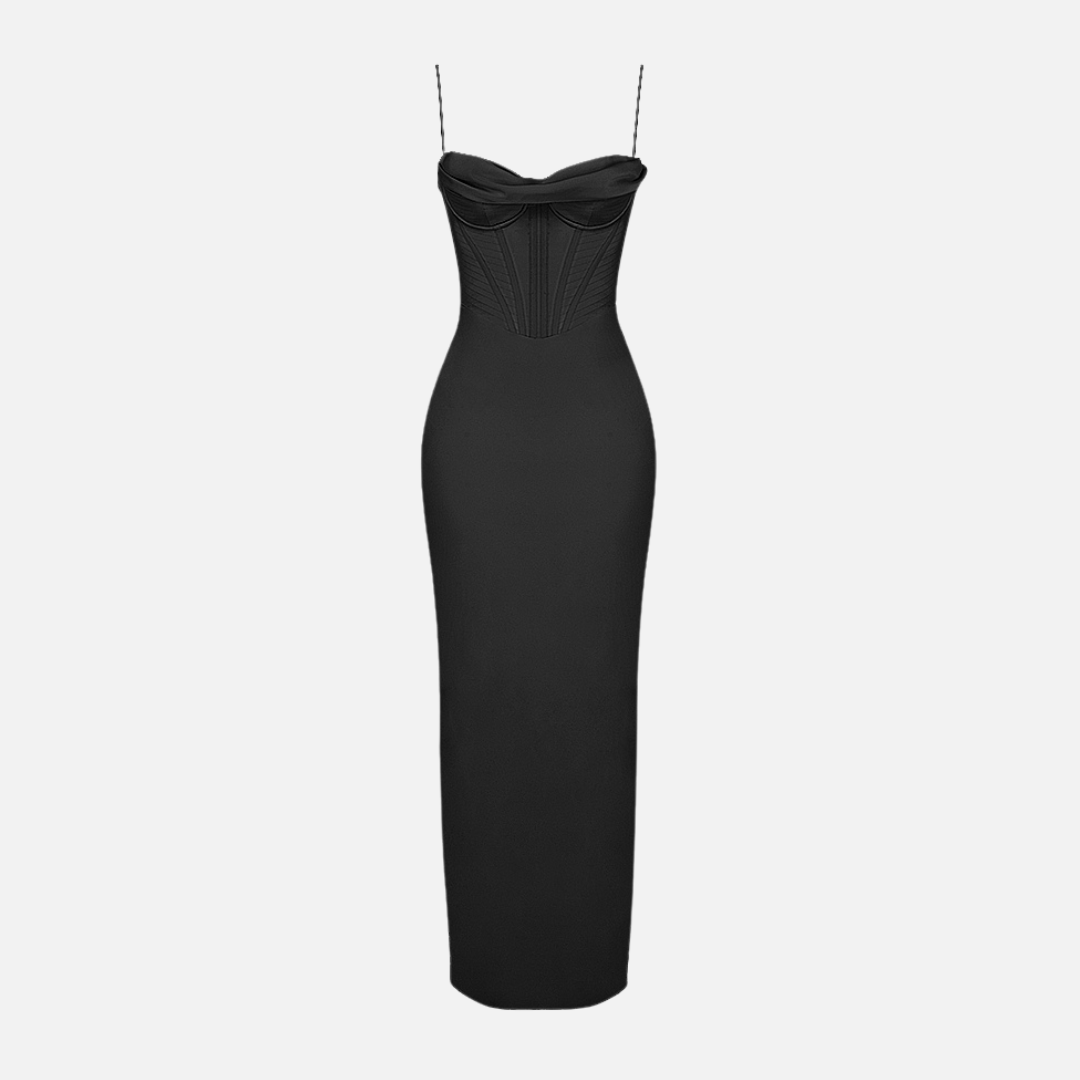 Vestido Longo de Festa com Corset Estruturado e Alças Finas – Liarina
