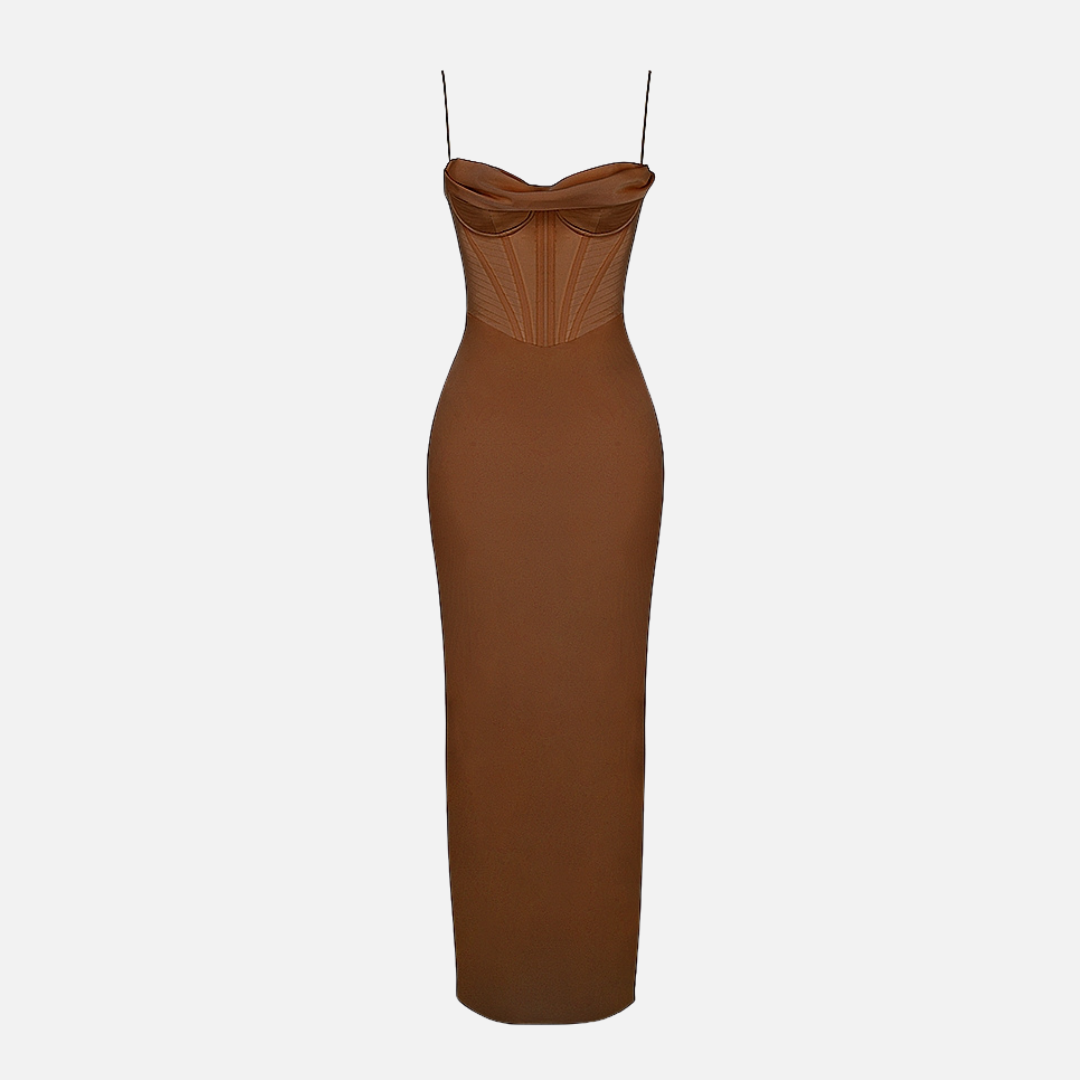 Vestido Longo de Festa com Corset Estruturado e Alças Finas – Liarina