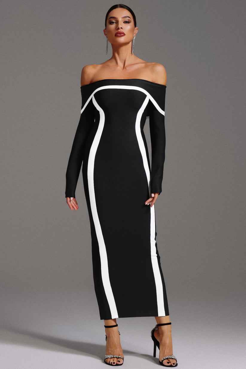 Vestido Longo Ombro a Ombro de Bandagem com Recortes Contrastantes – Niranara