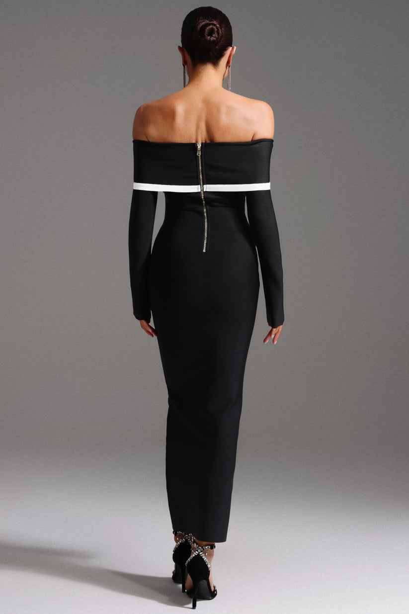 Vestido Longo Ombro a Ombro de Bandagem com Recortes Contrastantes – Niranara