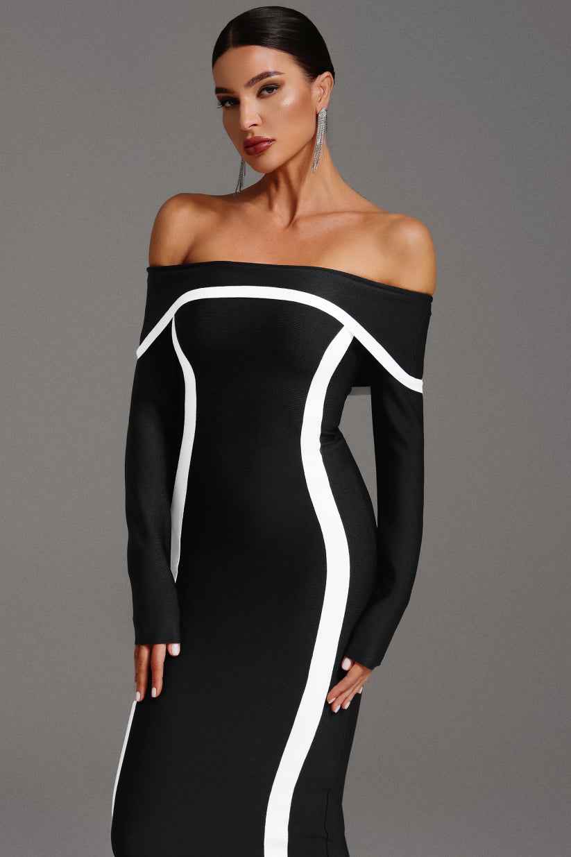 Vestido Longo Ombro a Ombro de Bandagem com Recortes Contrastantes – Niranara