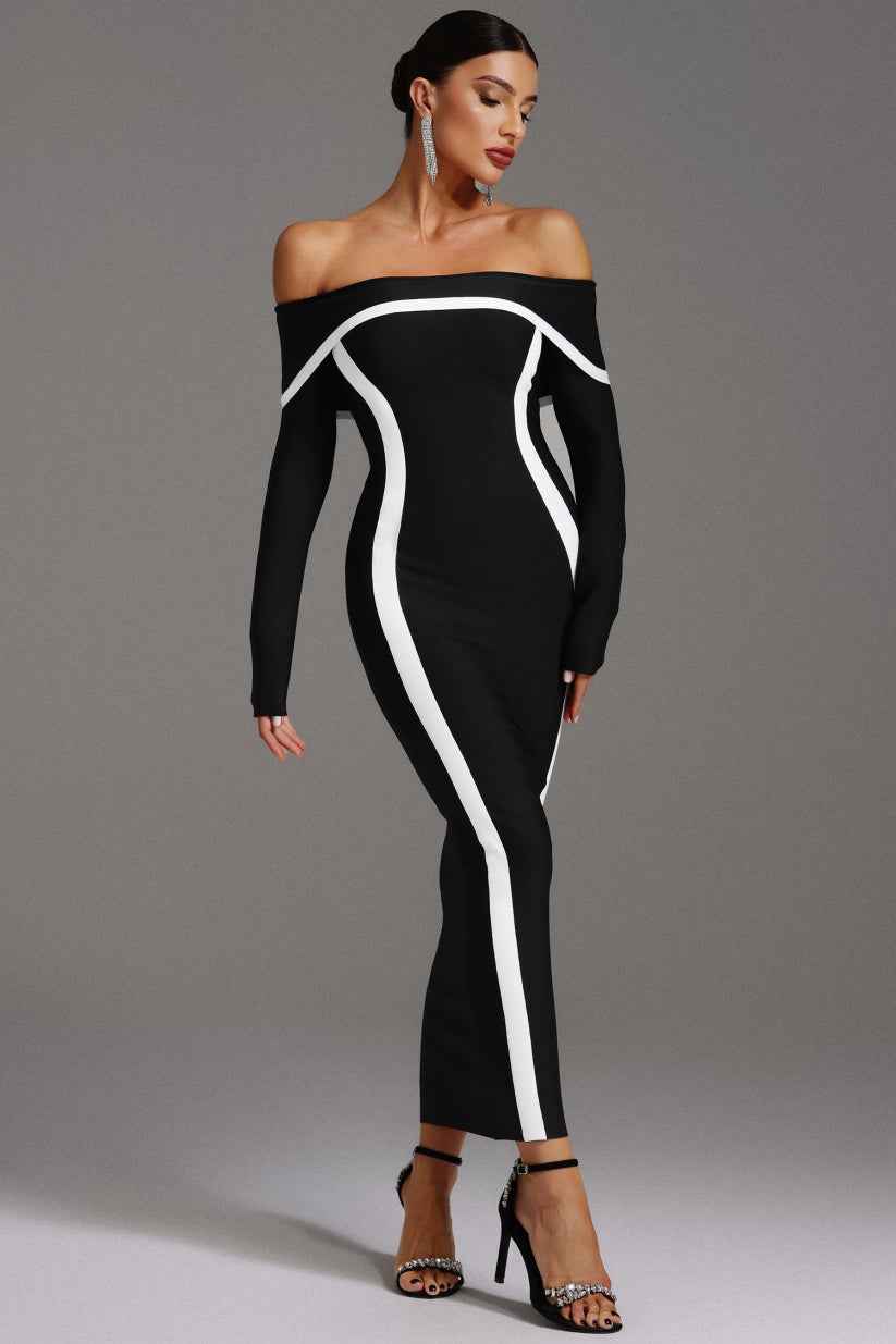 Vestido Longo Ombro a Ombro de Bandagem com Recortes Contrastantes – Niranara