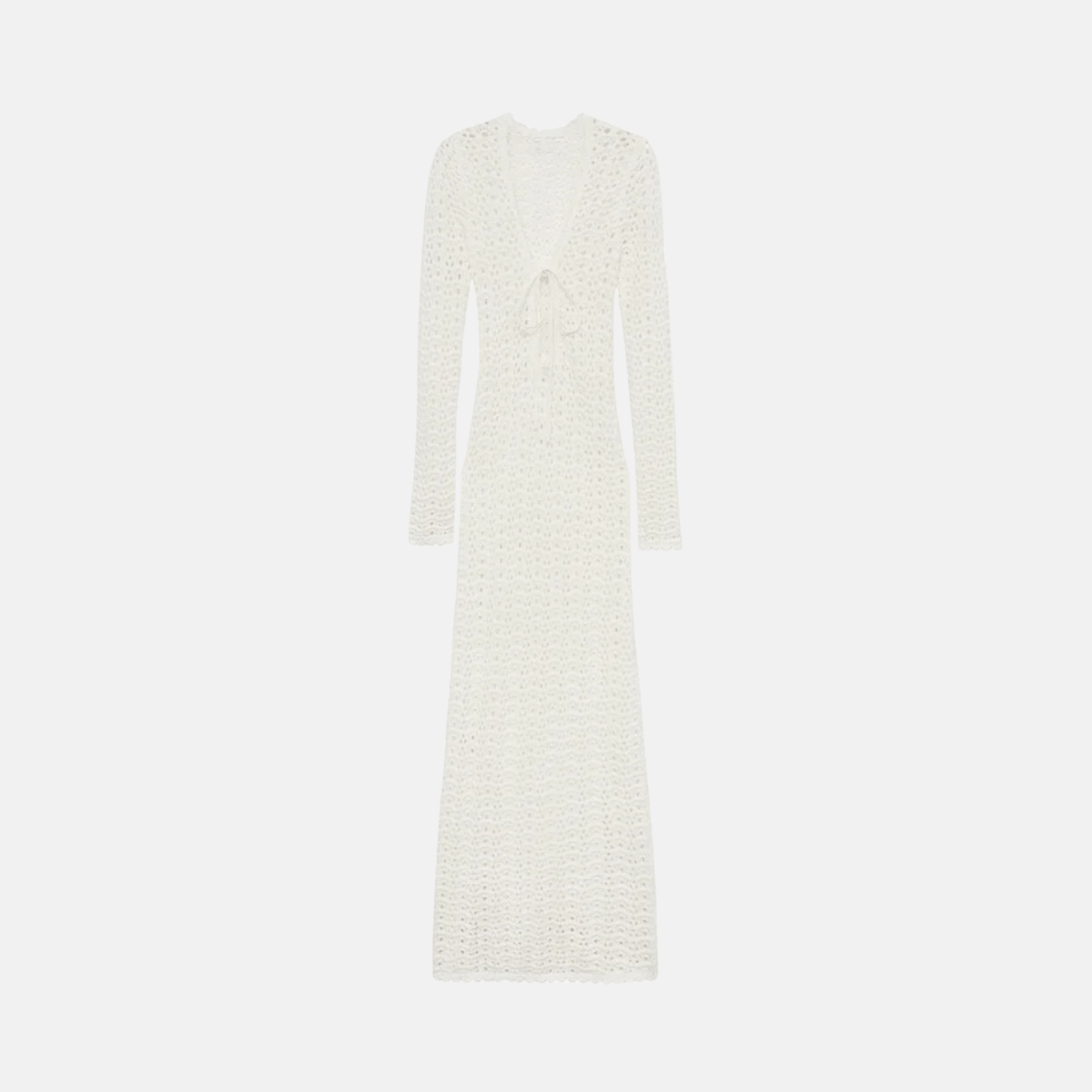Vestido Longo Branco em Crochê com Recorte Frontal e Amarração – Nelinira