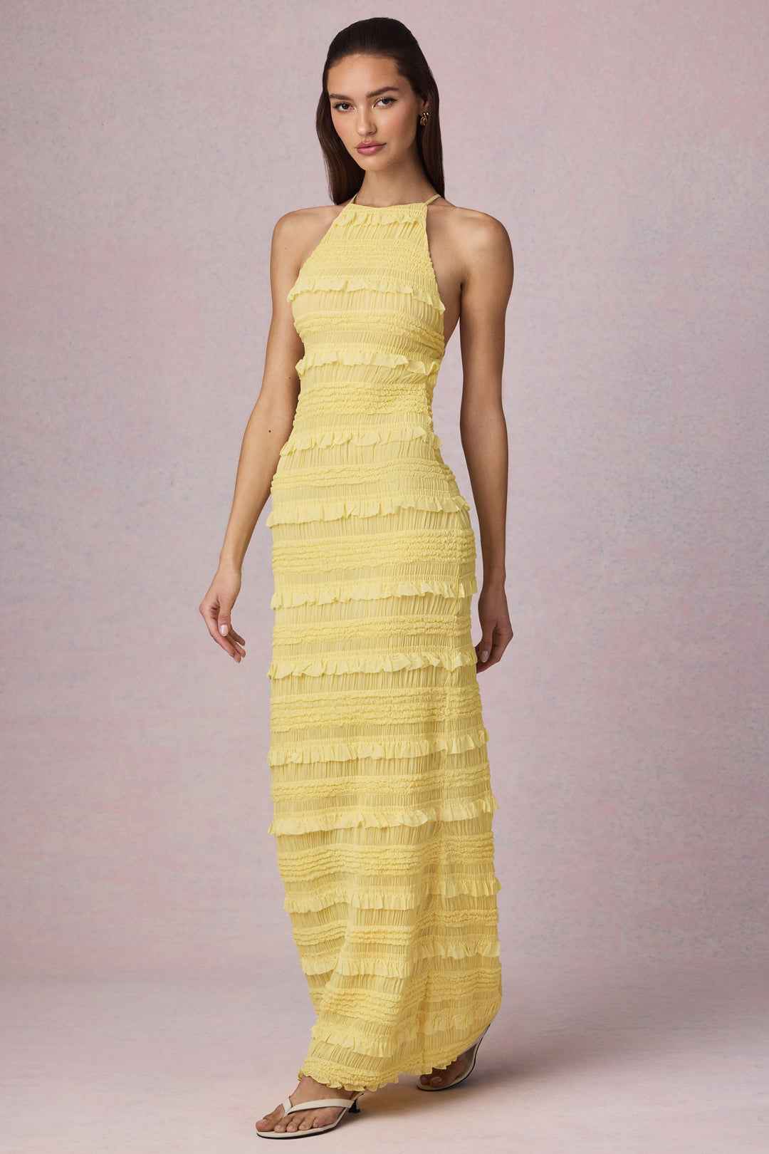 Vestido Longo Frente Única Texturizado com Babados – Ilana