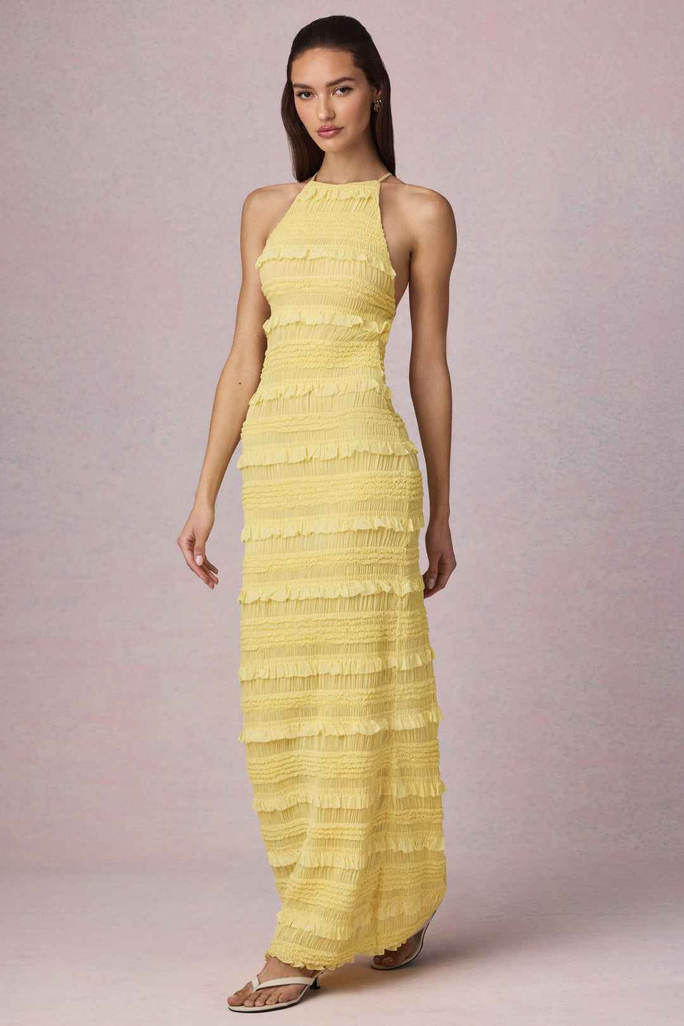 Vestido Longo Frente Única Texturizado com Babados – Ilana