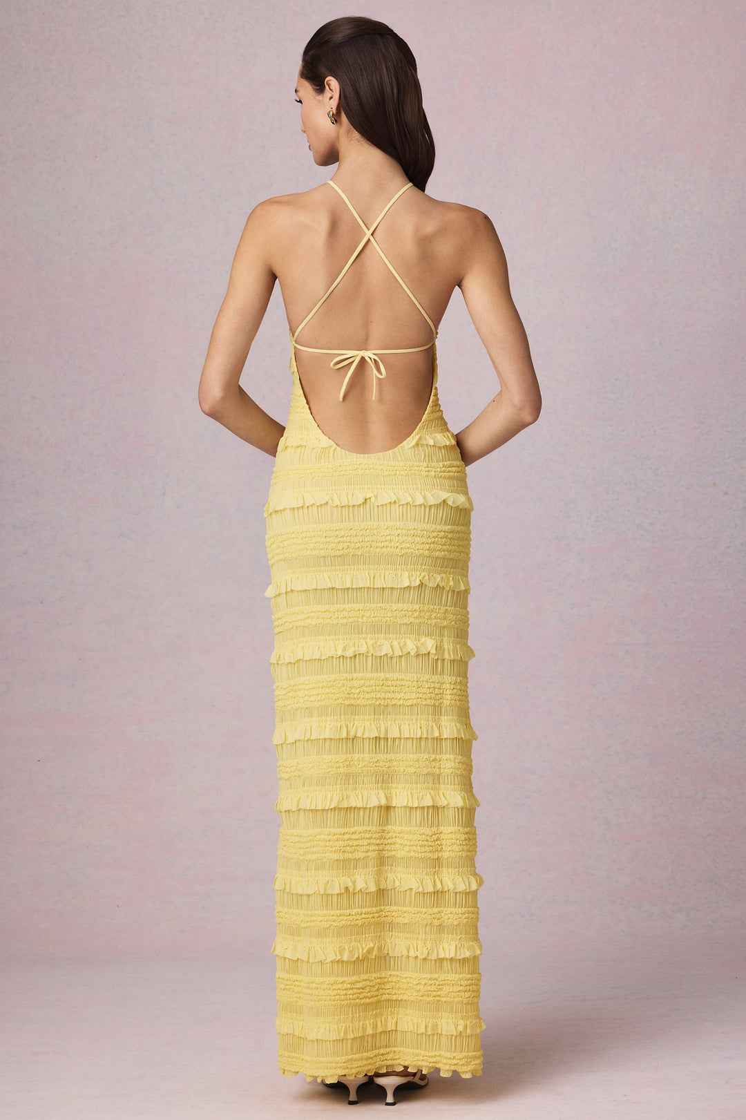 Vestido Longo Frente Única Texturizado com Babados – Ilana