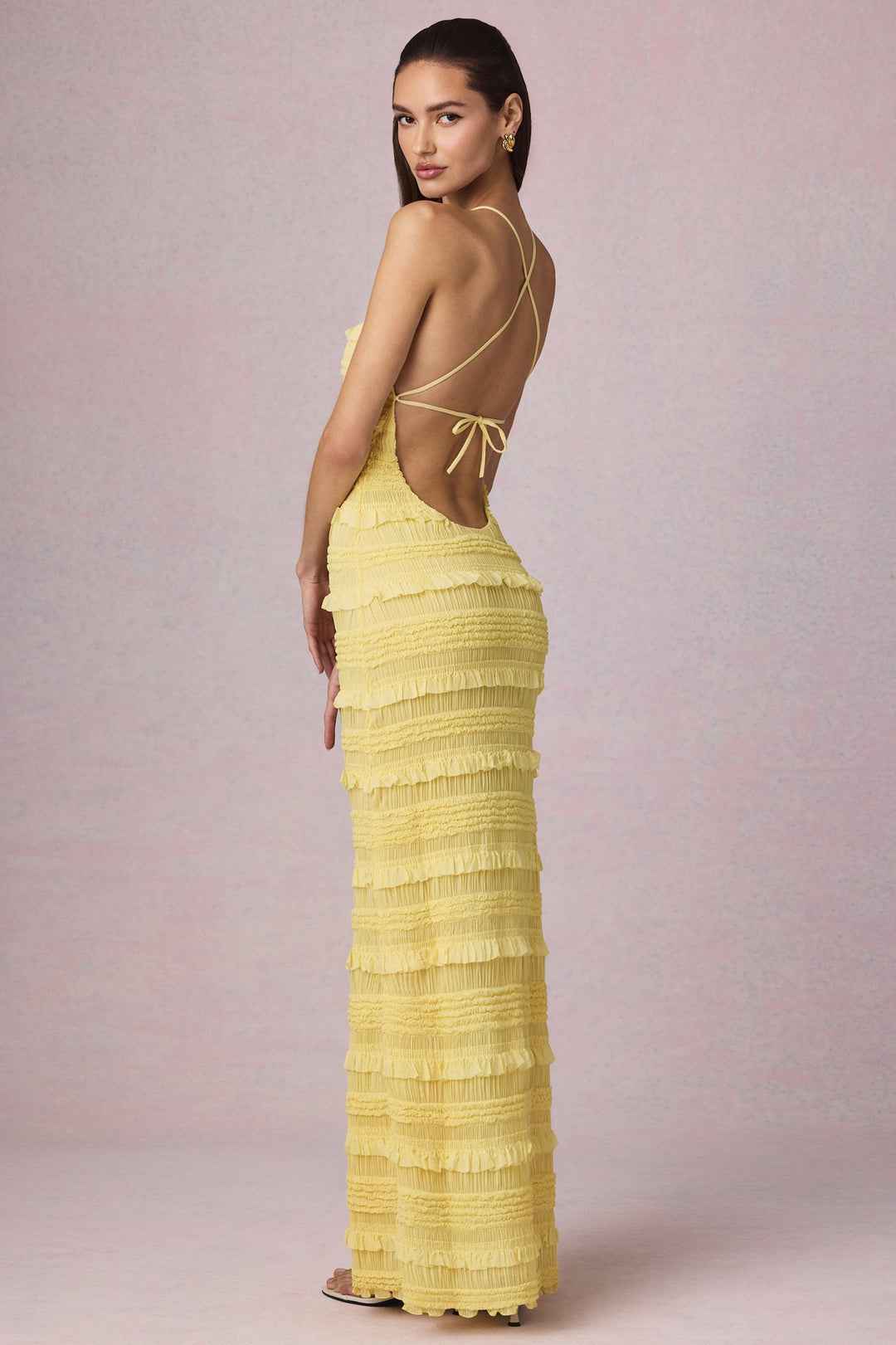 Vestido Longo Frente Única Texturizado com Babados – Ilana