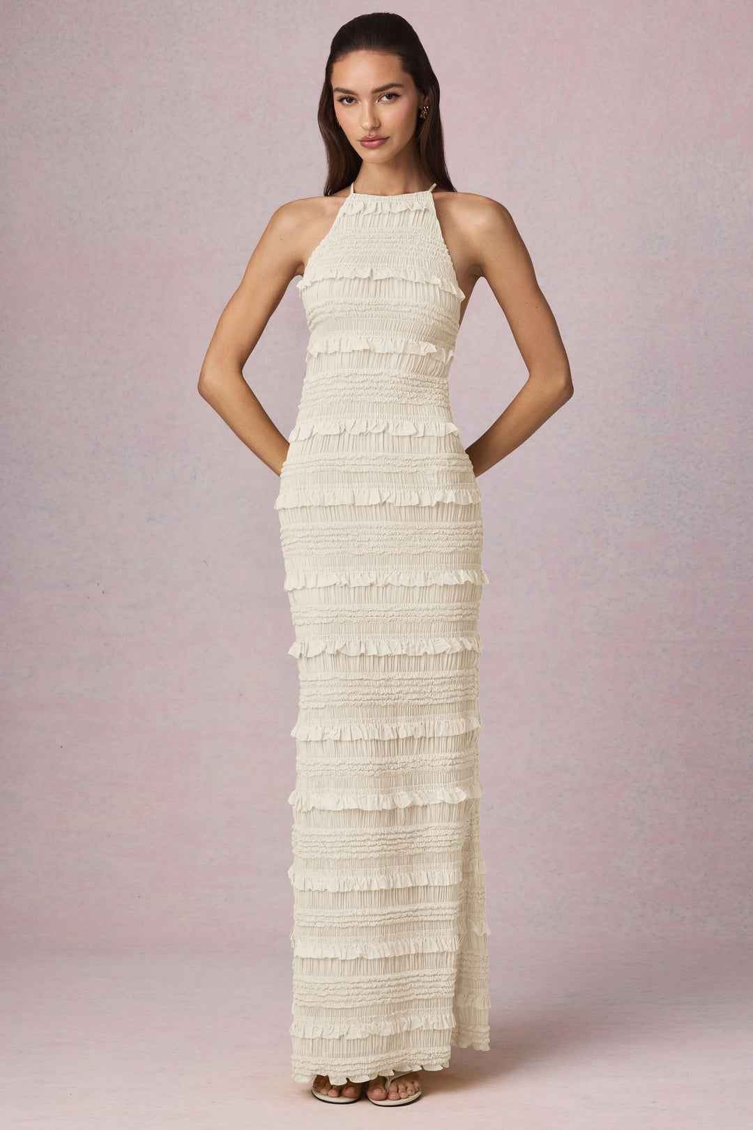 Vestido Longo Frente Única Texturizado com Babados – Ilana