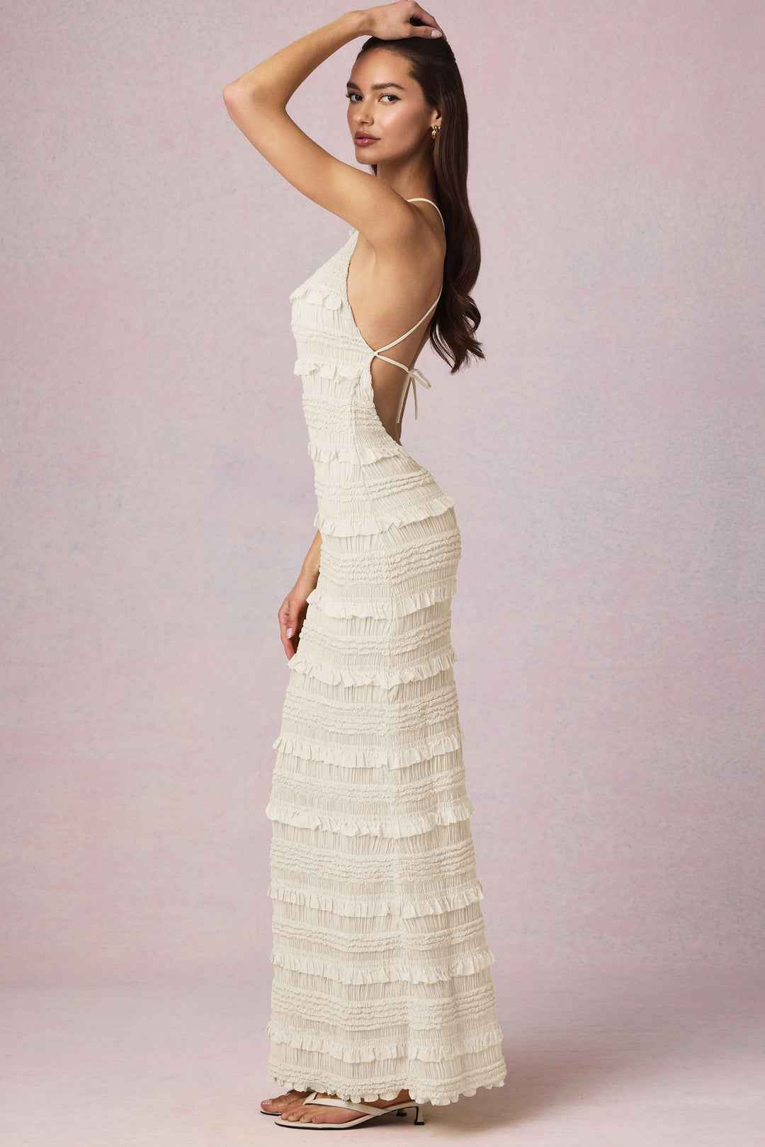 Vestido Longo Frente Única Texturizado com Babados – Ilana