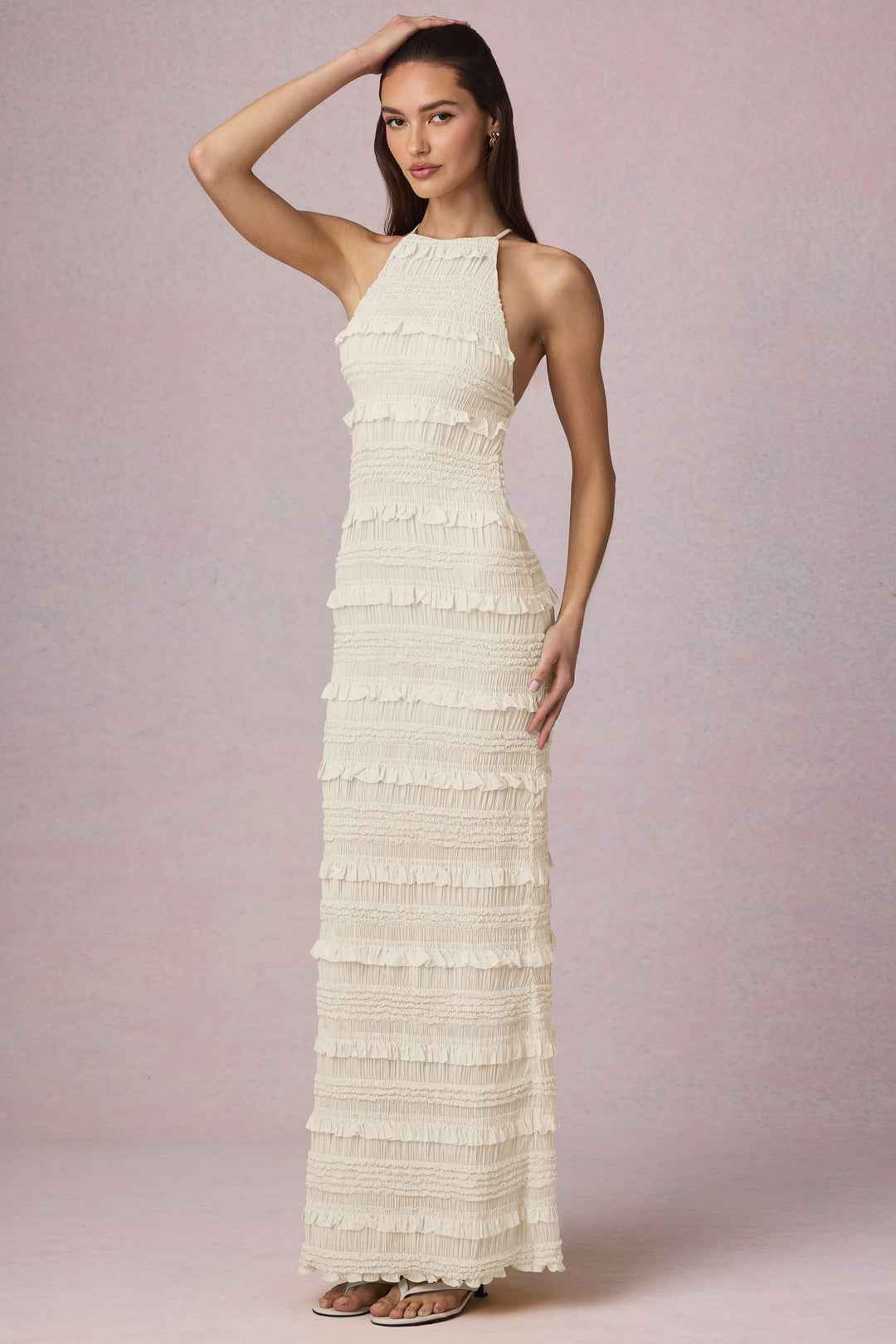 Vestido Longo Frente Única Texturizado com Babados – Ilana