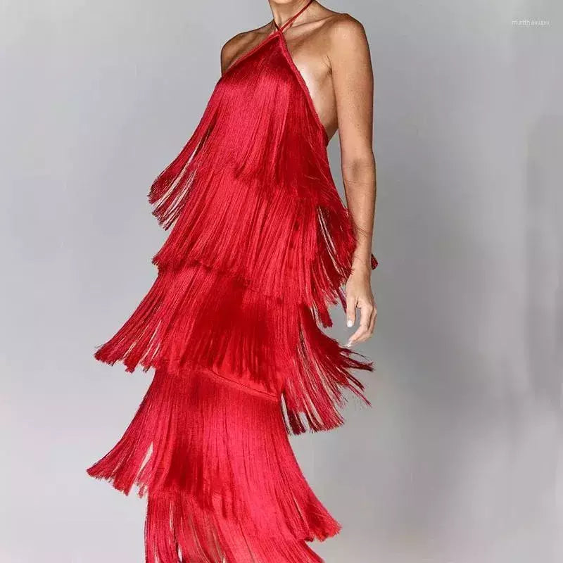 Vestido Longo Feminino de Eventos Elegante Com Franjas – Sandra