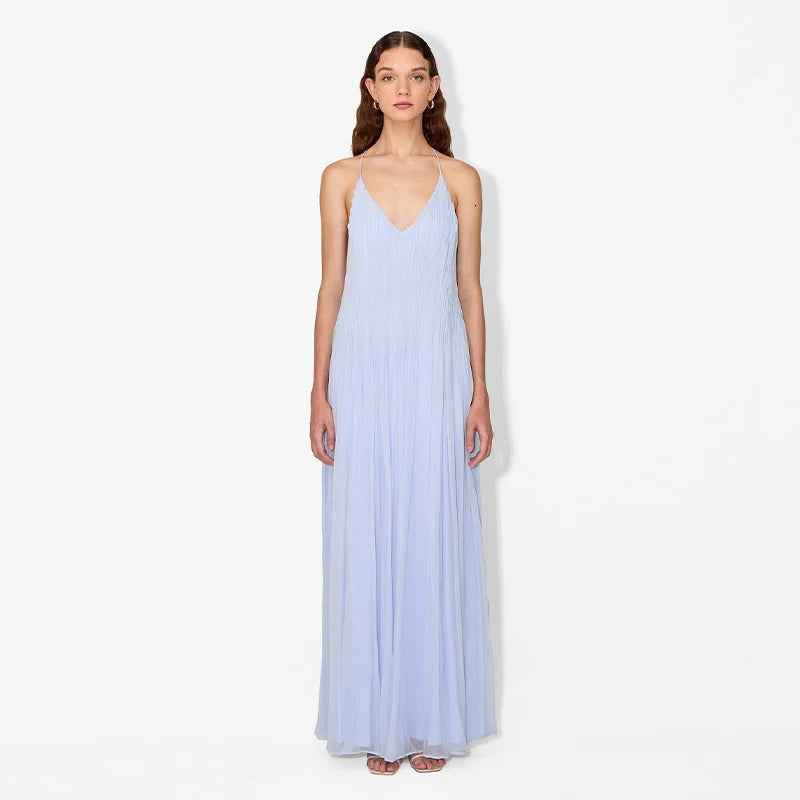 Vestido Longo Plissado de Alças Finas com Textura Crinkle – Laís