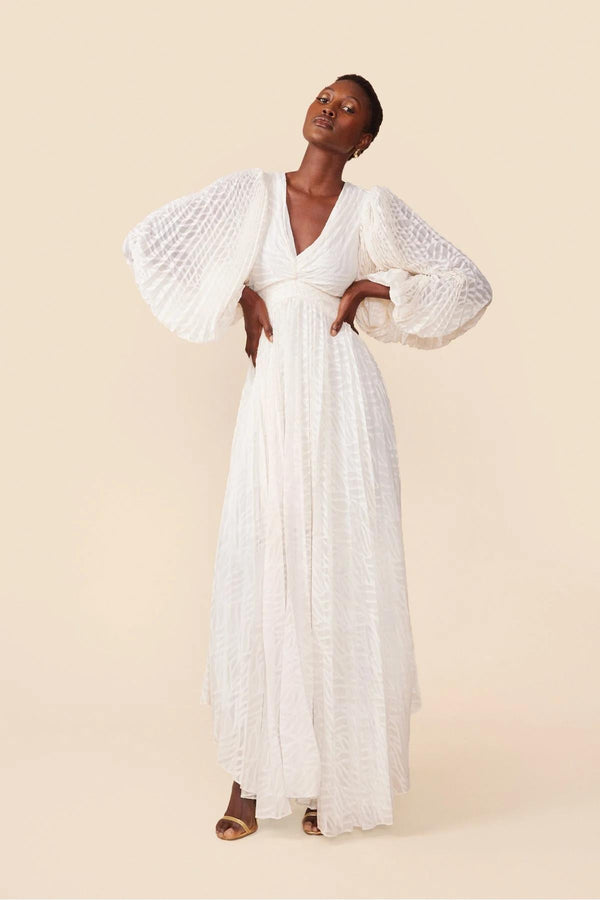 Vestido Longo Texturizado com Mangas Bufantes e Gola V – Avalina