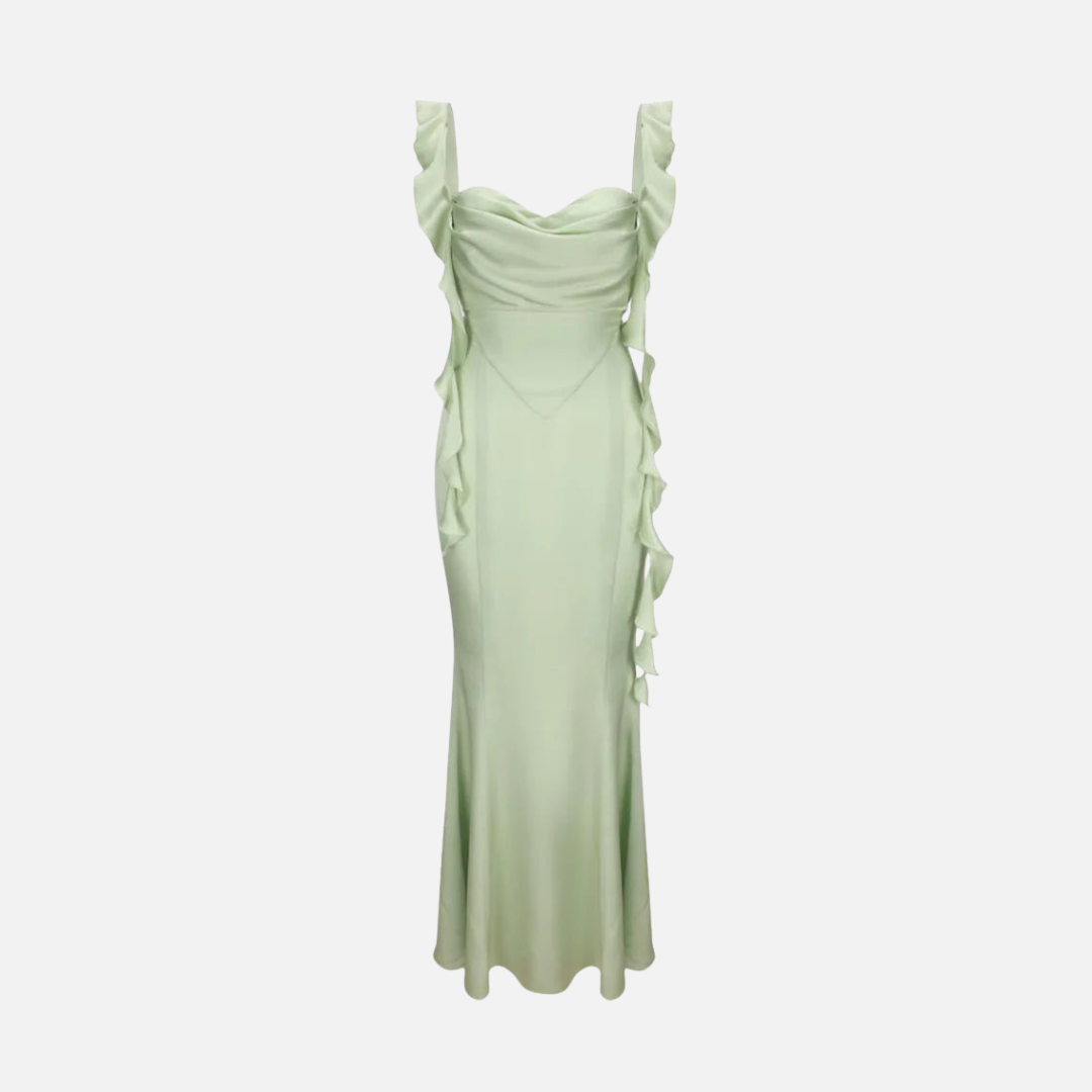 Vestido Longo Verde Menta de Festa com Alças em Amarração e Decote Coração Feminino – Pérola