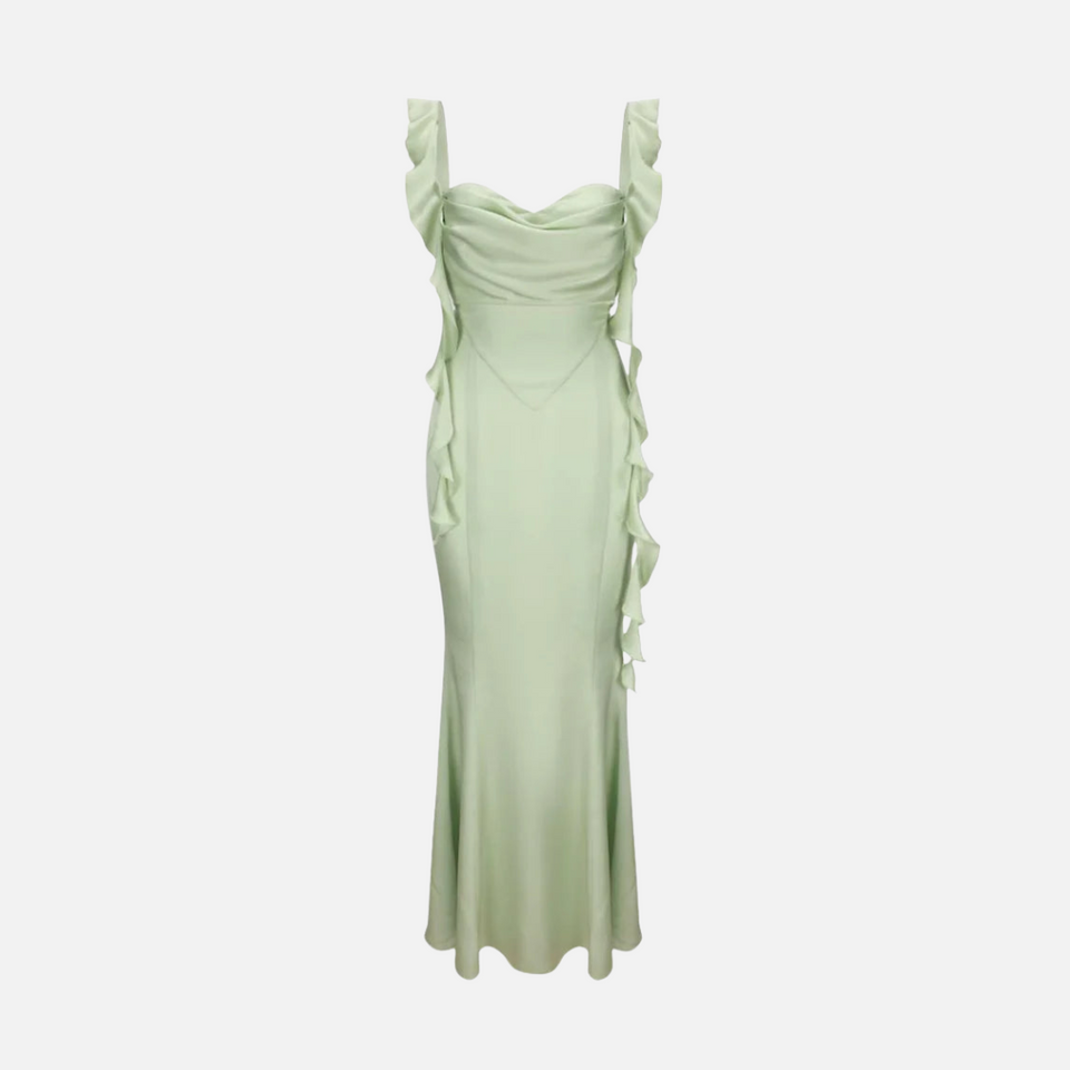 Vestido Longo Verde Menta de Festa com Alças em Amarração e Decote Coração Feminino – Pérola