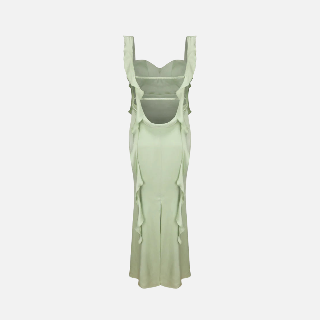 Vestido Longo Verde Menta de Festa com Alças em Amarração e Decote Coração Feminino – Pérola