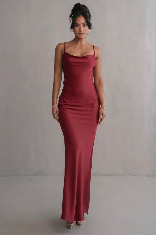 Vestido Longo de Cetim com Decote Degagê e Costas Abertas – Areta