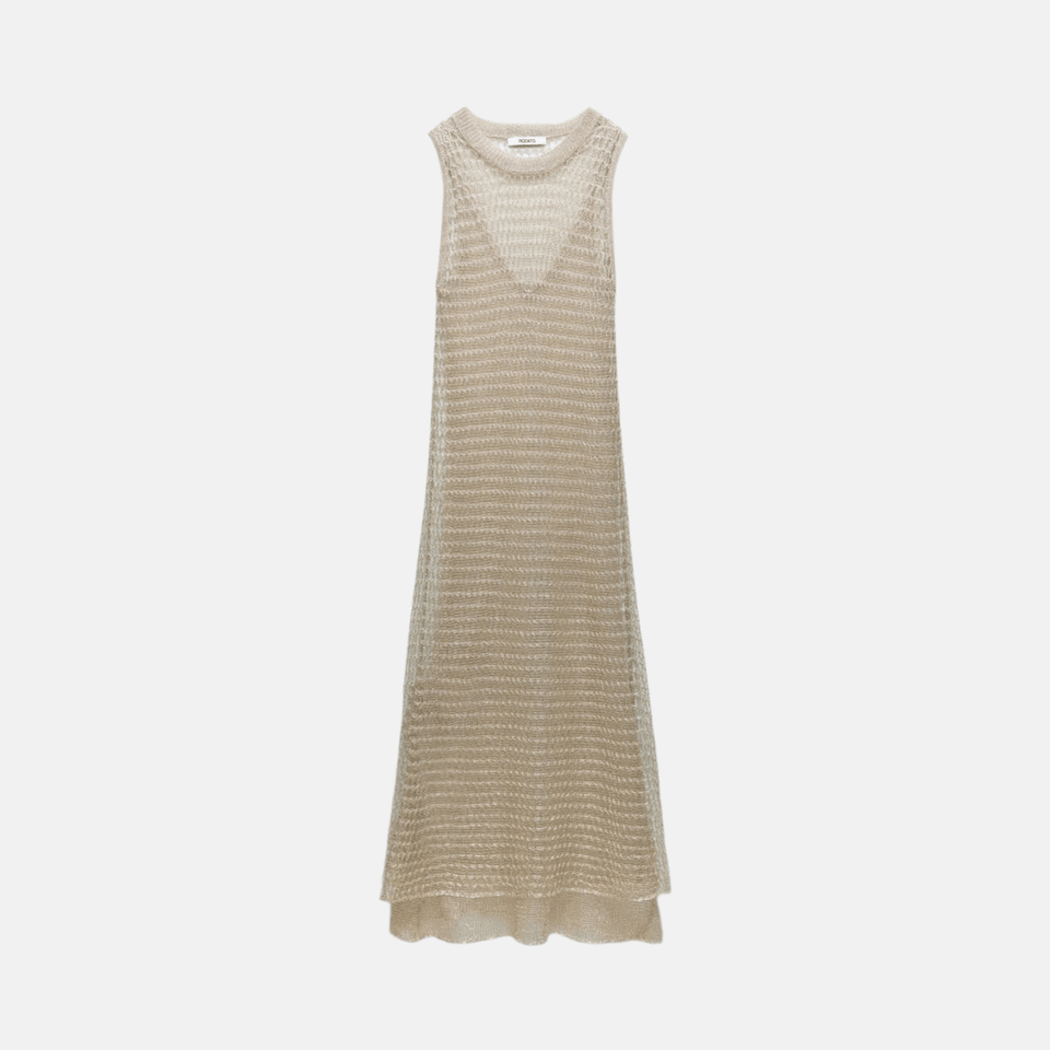 Vestido Longo de Crochê Brilhante Transparente com Efeito Metalizado – Calalina