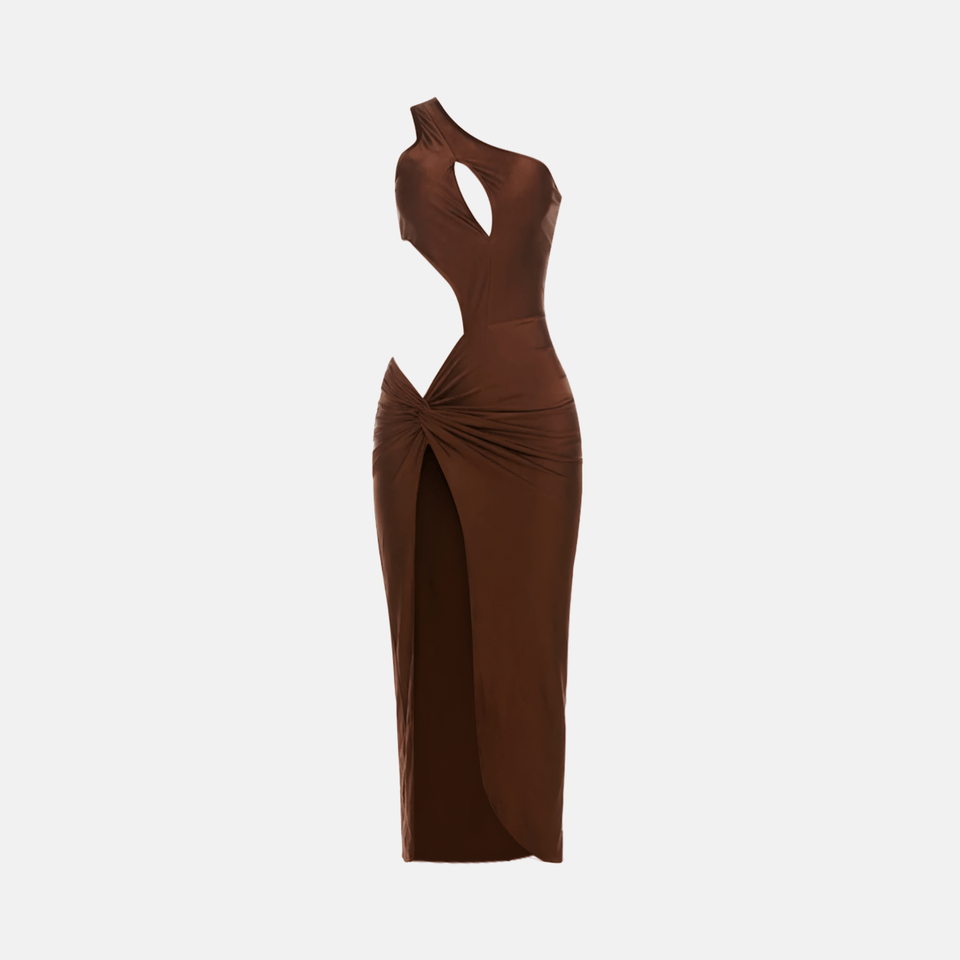 Vestido Longo de Festa Assimétrico com Recortes Laterais e Fenda Frontal – Dara