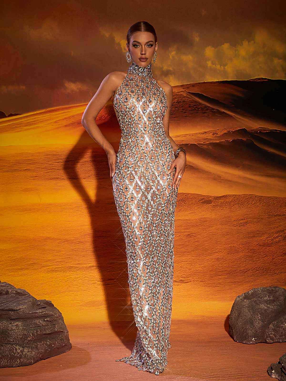 Vestido Longo de Festa Bordado com Pedrarias em Tela Transparente e Gola Alta – Nalanora