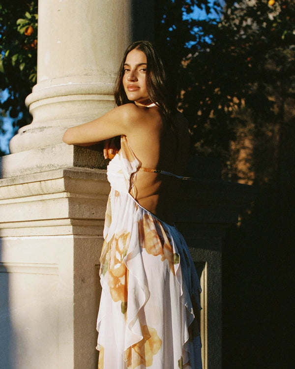 Vestido Longo de Festa Tomara que Caia com Camadas de Babados em Chiffon – Aurilina