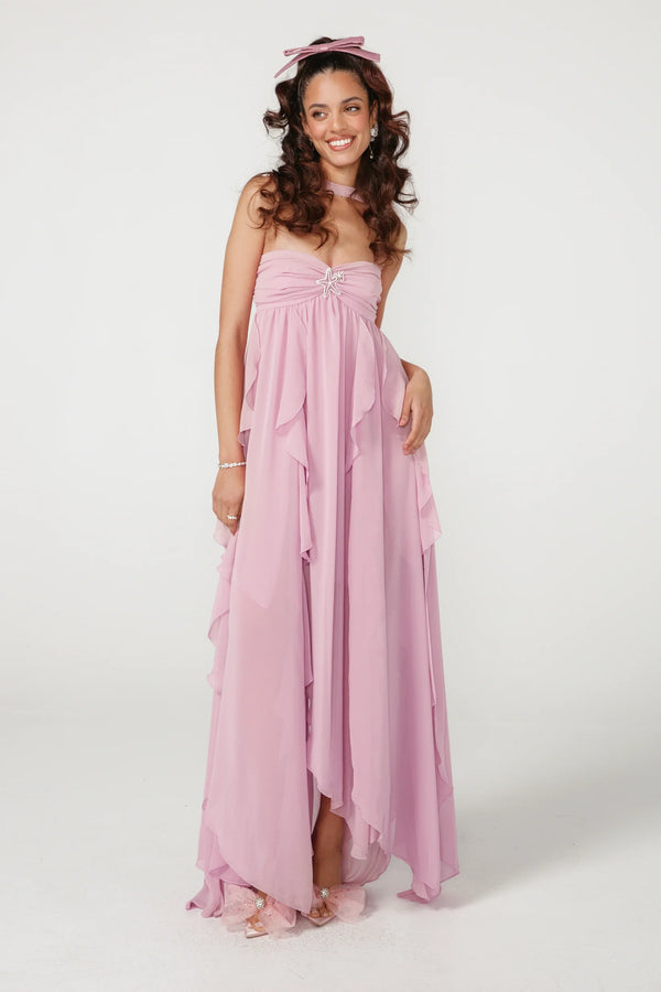 Vestido Longo de Festa Tomara que Caia com Camadas de Babados em Chiffon – Aurilina
