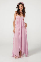 Vestido Longo de Festa Tomara que Caia com Camadas de Babados em Chiffon – Aurilina