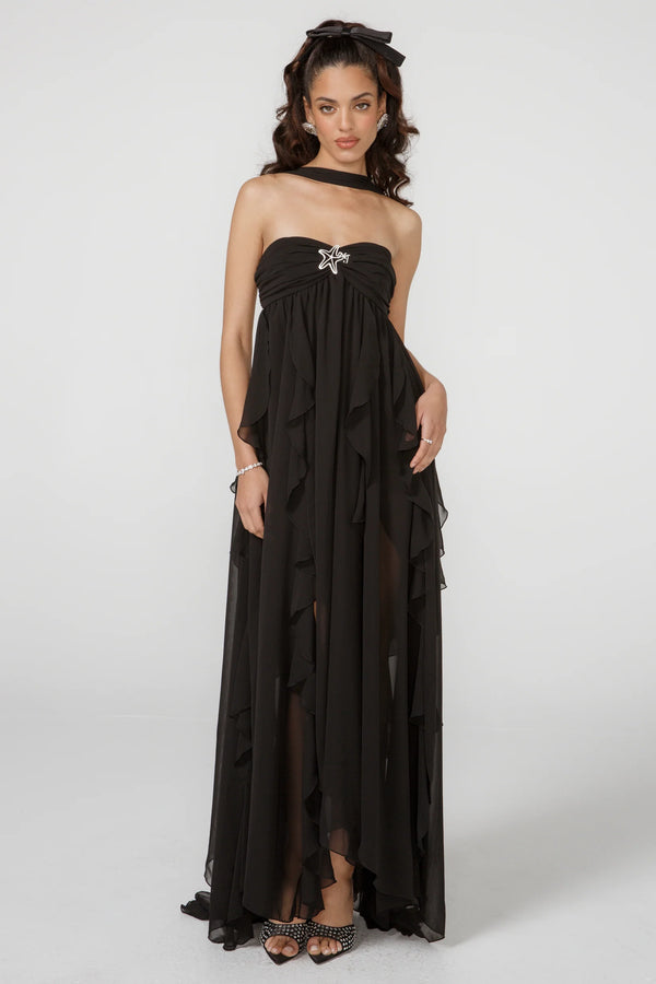 Vestido Longo de Festa Tomara que Caia com Camadas de Babados em Chiffon – Aurilina