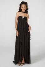 Vestido Longo de Festa Tomara que Caia com Camadas de Babados em Chiffon – Aurilina
