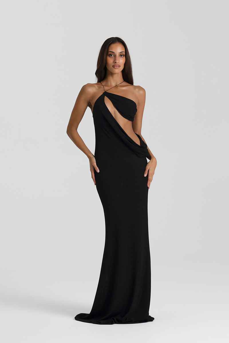 Vestido Longo de Festa com Recorte Assimétrico e Alças Finas – Kiara
