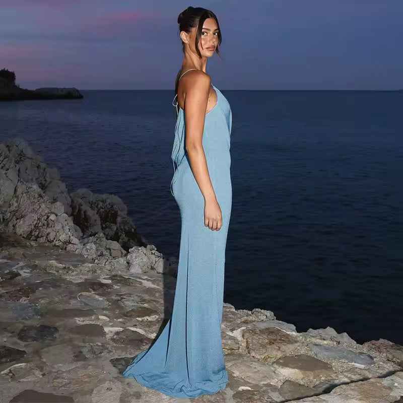 Vestido Longo de Festa com Recorte Assimétrico e Alças Finas – Kiara