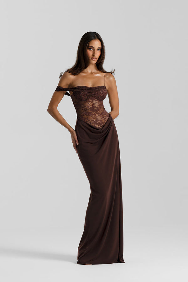 Vestido Longo de Festa com Renda Transparente e Alça Caída – Dalalina