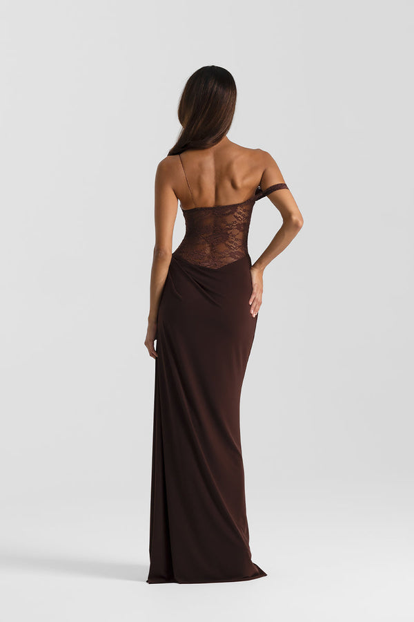 Vestido Longo de Festa com Renda Transparente e Alça Caída – Dalalina