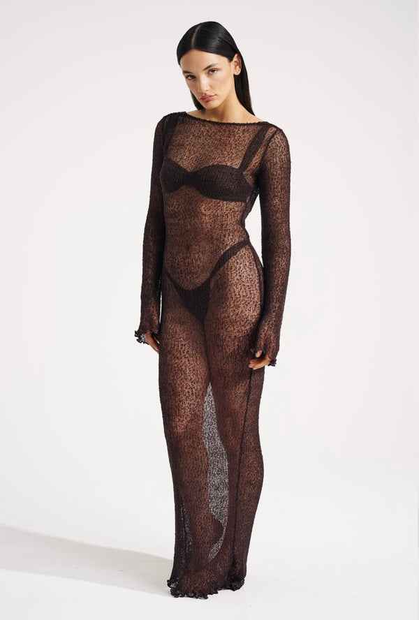 Vestido Longo de Manga Longa em Trama Translúcida – Luzia