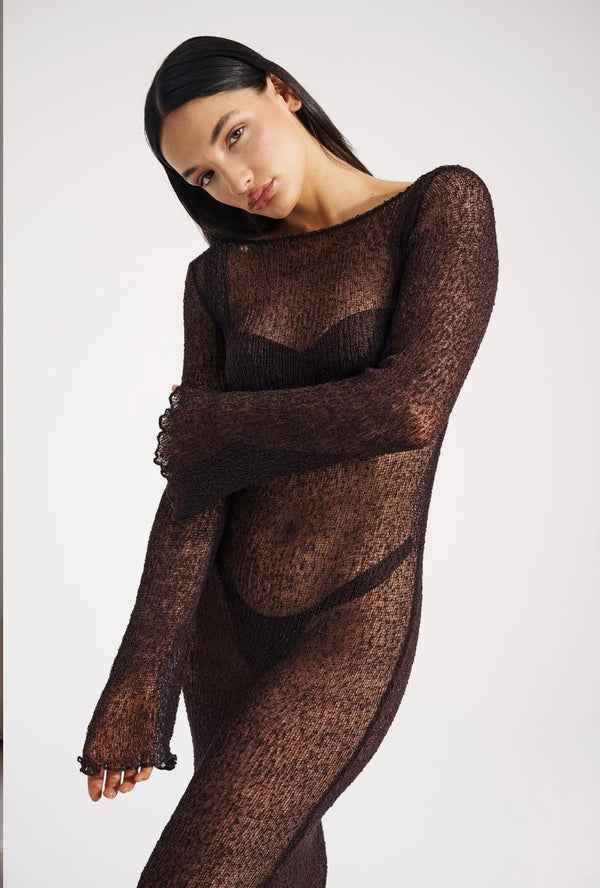 Vestido Longo de Manga Longa em Trama Translúcida – Luzia