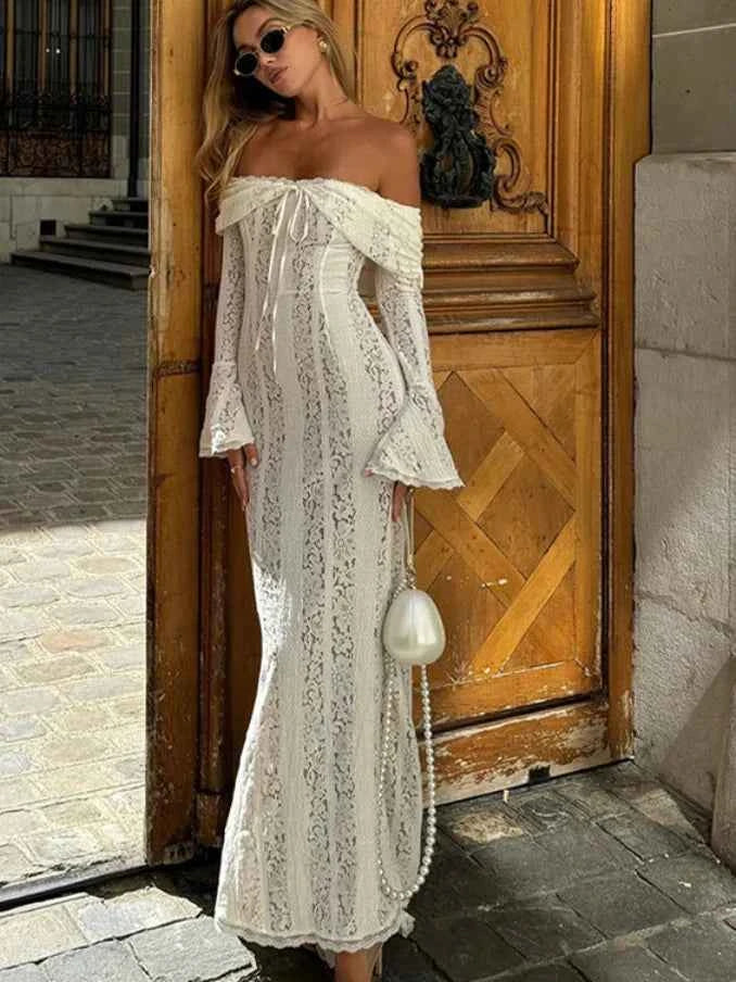 Vestido Longo de Renda Ombro a Ombro com Manga Sino e Silhueta Sereia – Velalia