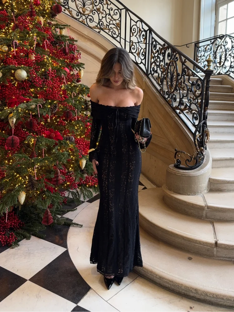 Vestido Longo de Renda Ombro a Ombro com Manga Sino e Silhueta Sereia – Velalia