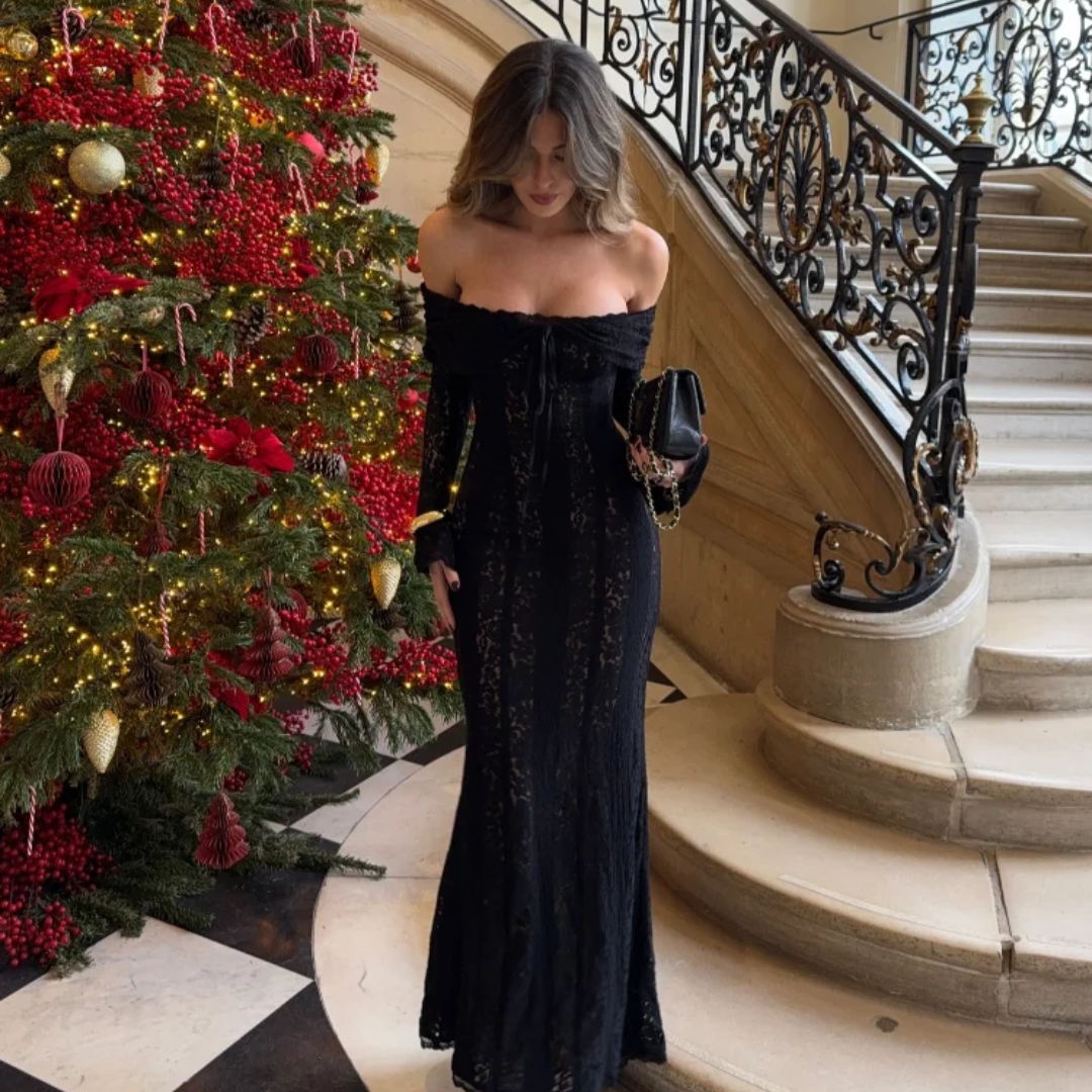 Vestido Longo de Renda Ombro a Ombro com Manga Sino e Silhueta Sereia – Velalia