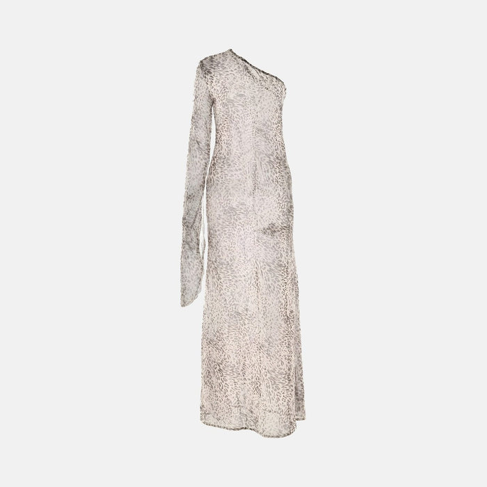 Vestido Longo de Um Ombro Só em Tule com Estampa Animal Print – Alba