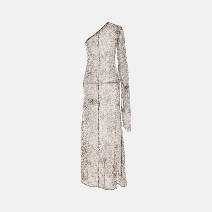 Vestido Longo de Um Ombro Só em Tule com Estampa Animal Print – Alba