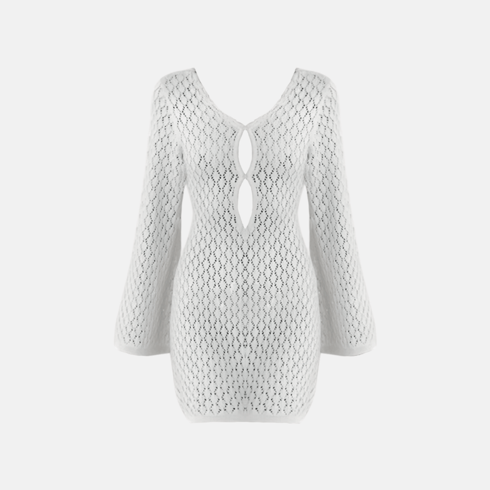 Vestido Curto de Tricô com Manga Sino e Decote V com Recorte – Azura