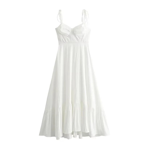 Vestido Midi Branco com Busto Drapeado e Alças de Amarrar – Acácia